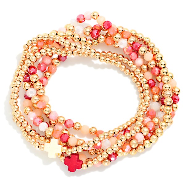 Set Of Six Beaded Stretch Bracelets Featuring Metal Tones, Faceted Beads, & Plus Cross Stations 

- Approximately 2.5" D