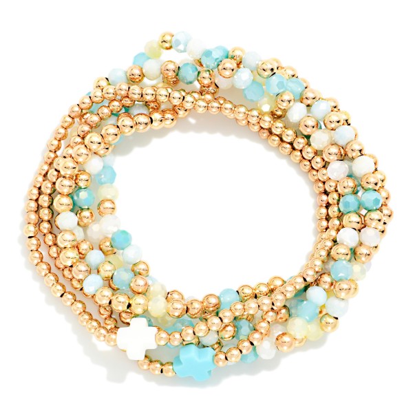 Set Of Six Beaded Stretch Bracelets Featuring Metal Tones, Faceted Beads, & Plus Cross Stations 

- Approximately 2.5" D