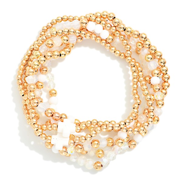 Set Of Six Beaded Stretch Bracelets Featuring Metal Tones, Faceted Beads, & Plus Cross Stations 

- Approximately 2.5" D
