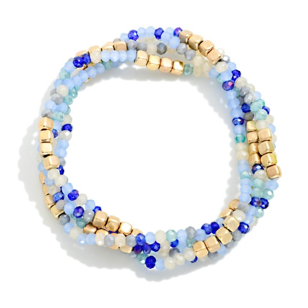 Set OF Four Beaded Stretch Bracelets Featuring Faceted & Square Metal Tone Beads 

- Approximately 2.5" D