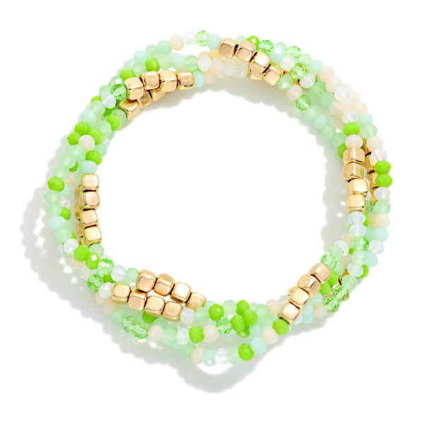 Set OF Four Beaded Stretch Bracelets Featuring Faceted & Square Metal Tone Beads 

- Approximately 2.5" D