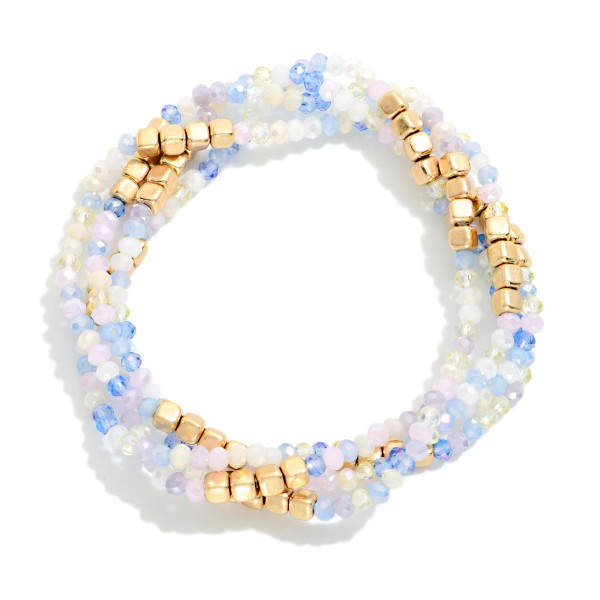 Set OF Four Beaded Stretch Bracelets Featuring Faceted & Square Metal Tone Beads 

- Approximately 2.5" D