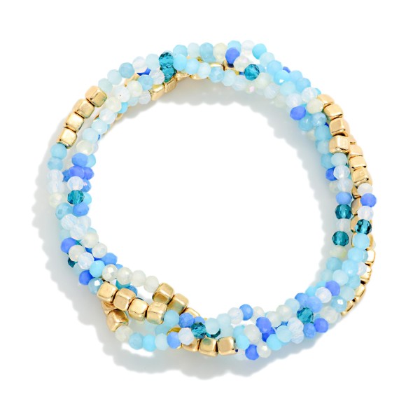Set OF Four Beaded Stretch Bracelets Featuring Faceted & Square Metal Tone Beads 

- Approximately 2.5" D