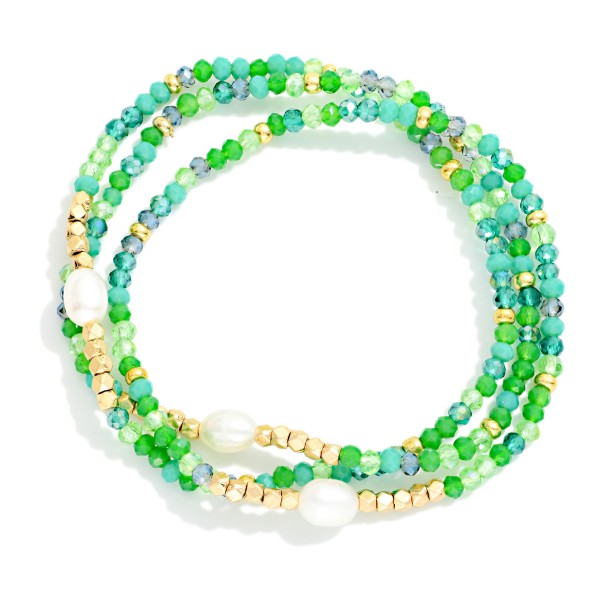 Set Of Three Beaded Stretch Bracelets Featuring Faceted Beads & Pearls 

- Approximately 2.5" D