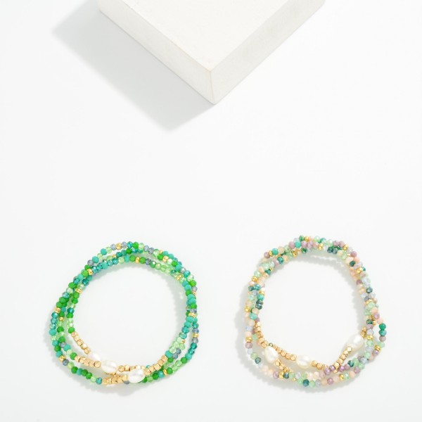 Set Of Three Beaded Stretch Bracelets Featuring Faceted Beads & Pearls 

- Approximately 2.5" D