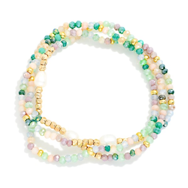 Set Of Three Beaded Stretch Bracelets Featuring Faceted Beads & Pearls 

- Approximately 2.5" D