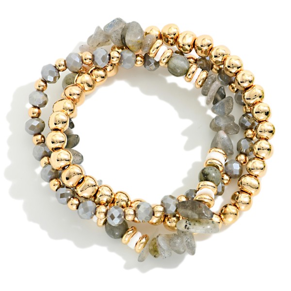 Set Of Three Beaded Stretch Bracelets Featuring Metal Tones, Faceted Beads, & Stone 

- Approximately 2.5" D