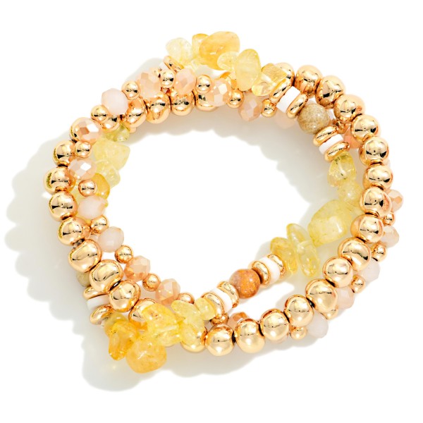 Set Of Three Beaded Stretch Bracelets Featuring Metal Tones, Faceted Beads, & Stone 

- Approximately 2.5" D