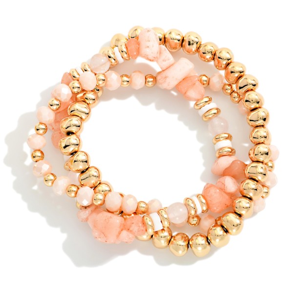 Set Of Three Beaded Stretch Bracelets Featuring Metal Tones, Faceted Beads, & Stone 

- Approximately 2.5" D