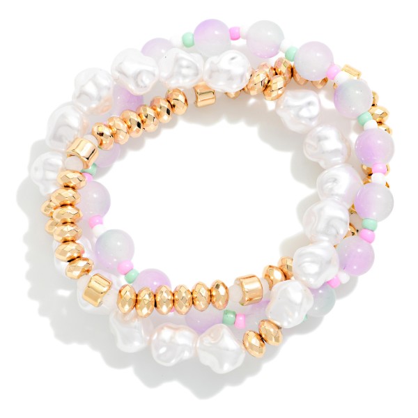 Set Of Three Beaded Stretch Bracelet Featuring Gold Tones, Pearls, And Marble Beads 

- Approximately 2.5" D 