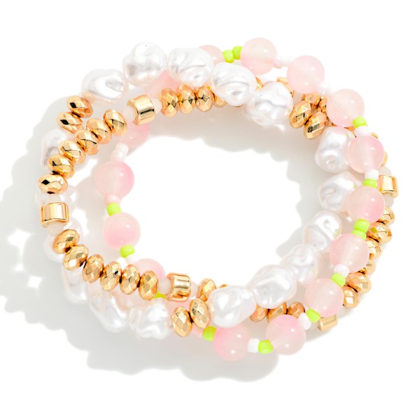 Set Of Three Beaded Stretch Bracelet Featuring Gold Tones, Pearls, And Marble Beads 

- Approximately 2.5" D 