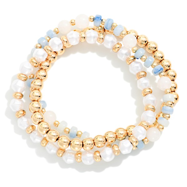 Set Of Three Beaded Stretch Bracelet Featuring Mixed Beads, Pearls, And Pearls 

- Approximately 2.5" D