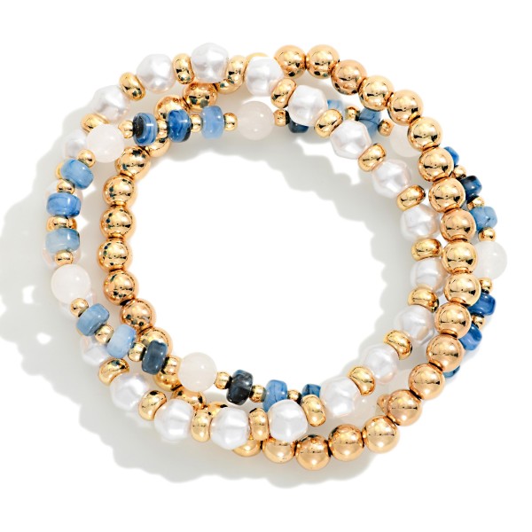 Set Of Three Beaded Stretch Bracelet Featuring Mixed Beads, Pearls, And Pearls 

- Approximately 2.5" D