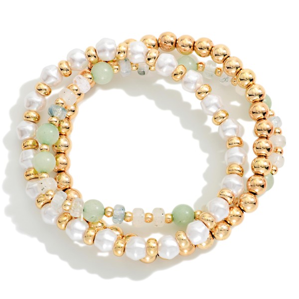 Set Of Three Beaded Stretch Bracelet Featuring Mixed Beads, Pearls, And Pearls 

- Approximately 2.5" D