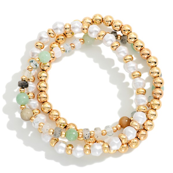 Set Of Three Beaded Stretch Bracelet Featuring Mixed Beads, Pearls, And Pearls 

- Approximately 2.5" D
