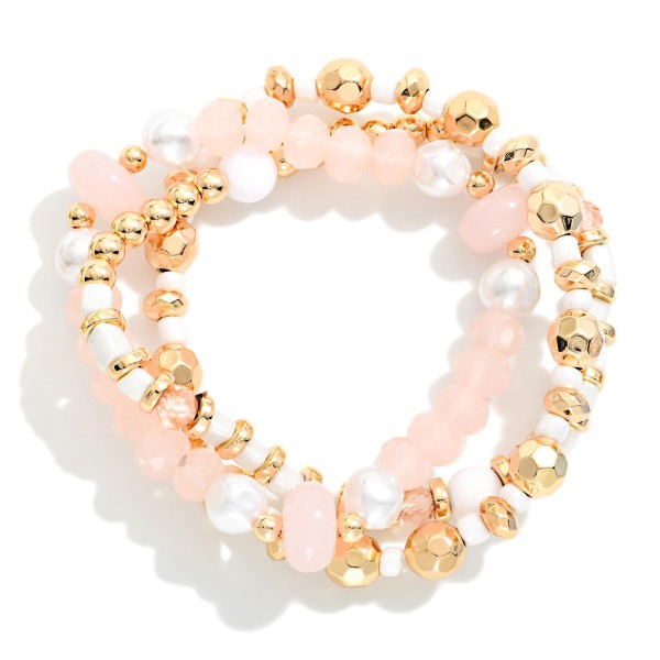 Set Of Three Beaded Stretch Bracelets Featuring Pearls, Metal Tones, & Faceted Beads

- Approximately 2.5" D