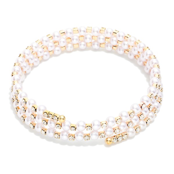 Metal Tone Memory Wire Beaded Bracelet Featuring Pearls And Rhinestones 

- Approximately 2.5" L 