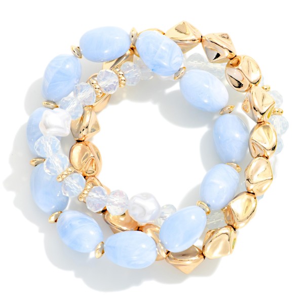 Set Of Three Beaded Stretch Bracelets Featuring Gold Nugget Beads & Marbled Acetate Beads 

- Approximately 2.5" D