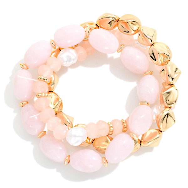 Set Of Three Beaded Stretch Bracelets Featuring Gold Nugget Beads & Marbled Acetate Beads 

- Approximately 2.5" D