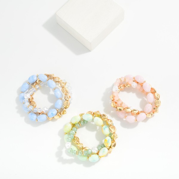 Set Of Three Beaded Stretch Bracelets Featuring Gold Nugget Beads & Marbled Acetate Beads 

- Approximately 2.5" D