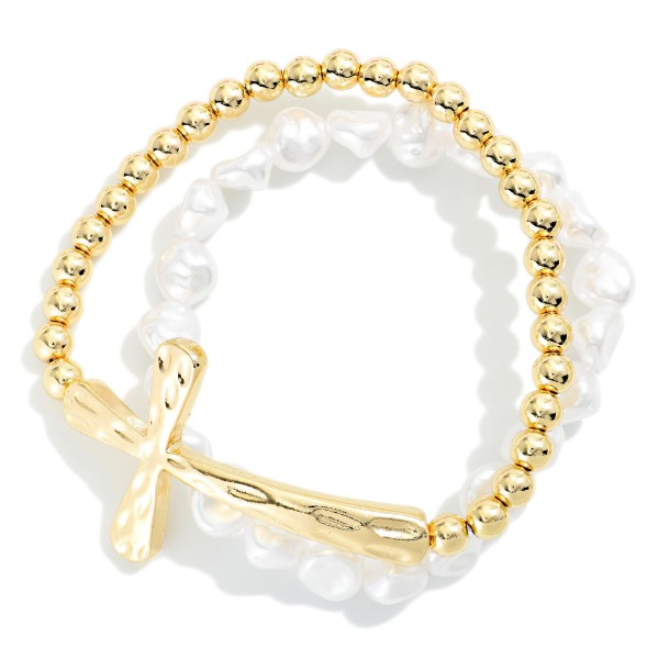 Set Of Two Beaded Stretch Bracelets Featuring Pearls, Metal Tones, & Hammered Metal East West Cross 

- Approximately 3.25" D