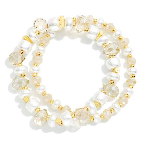 Set Of Two Beaded Stretch Bracelets Featuring Pearls, Metal Tones, & Glass Crystal 

- Approximately 3.25" D