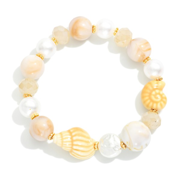 Acetate & Pearl Beaded Stretch Bracelet With Porcelain Beach Bead Details 

- Approximately 2.5" D