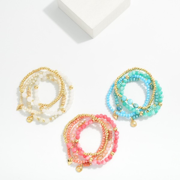 Set Of Three Beaded Stretch Bracelets Featuring Faceted Beads, Disk Beads, & Metal Tones 

- Approximately 2.5" D
