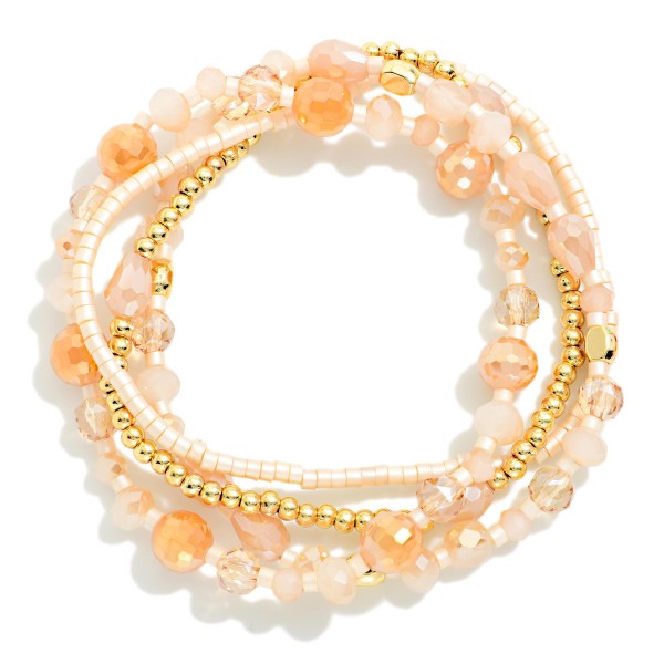Set Of Four Beaded Stretch Bracelets Featuring Faceted Beads, Heishi Beads, & Metal Tones 

- Approximately 3" D