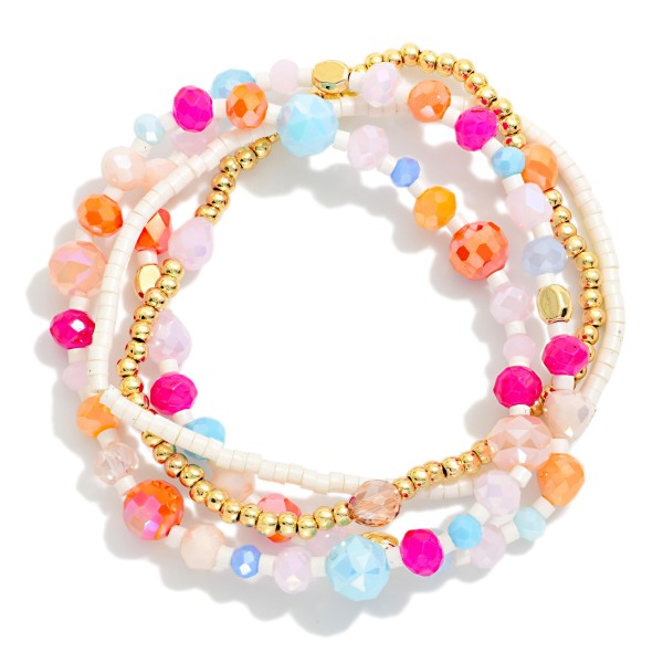 Set Of Four Beaded Stretch Bracelets Featuring Faceted Beads, Heishi Beads, & Metal Tones 

- Approximately 3" D