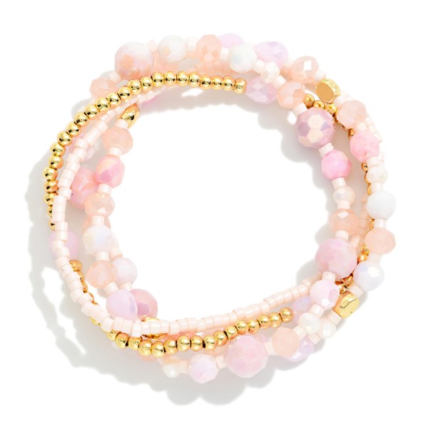Set Of Four Beaded Stretch Bracelets Featuring Faceted Beads, Heishi Beads, & Metal Tones 

- Approximately 3" D