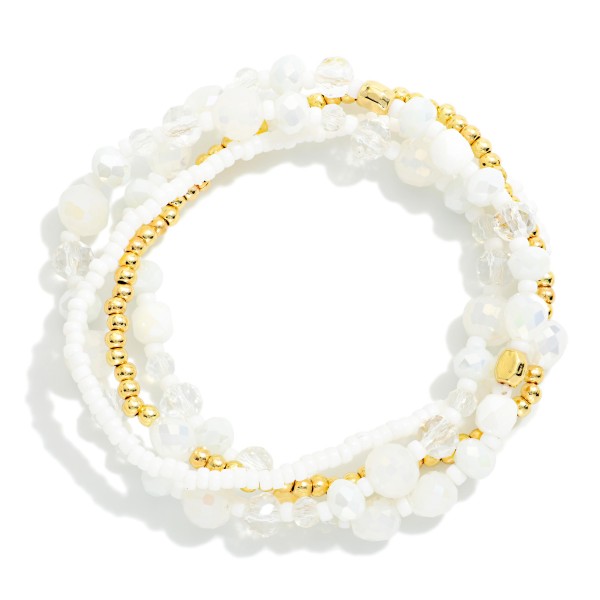 Set Of Four Beaded Stretch Bracelets Featuring Faceted Beads, Heishi Beads, & Metal Tones 

- Approximately 3" D