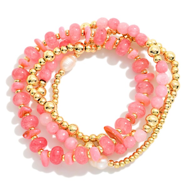 Set Of Four Stone & Metal Tone Beaded Bracelets 

- Approximately 3.75" D