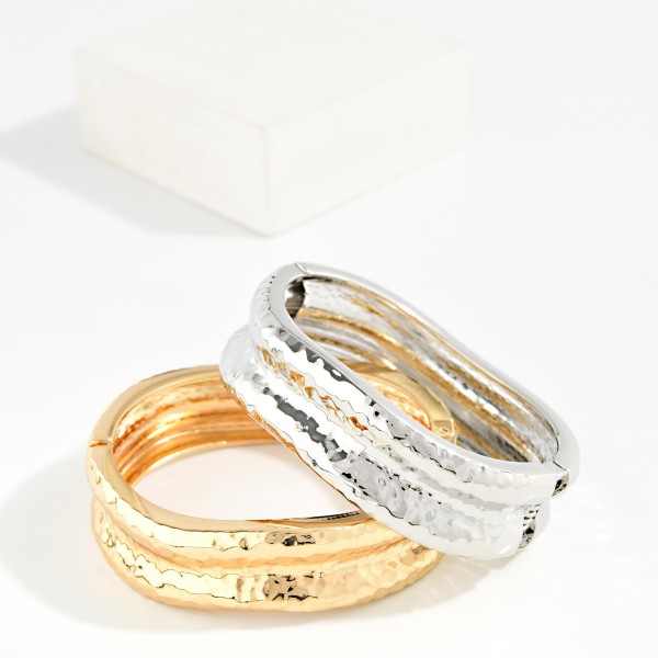 Hammered Metal Concave Hinged Bangle Bracelet 

- Approximately 2.5" D