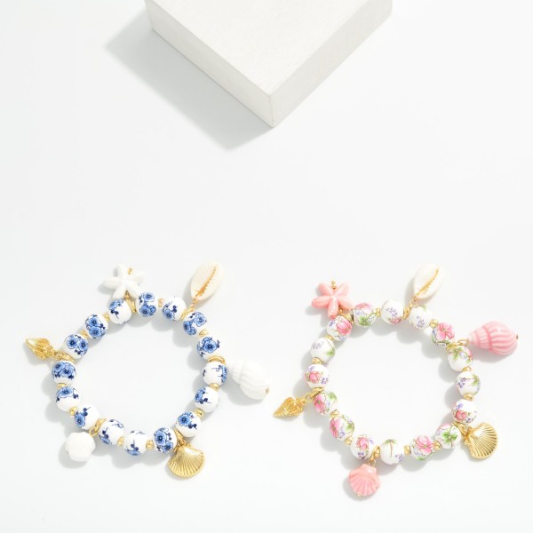 Chinoiserie Bead Beaded Stretch Bracelet Featuring Porcelain & Metal Tone Beach Charms

- APproximately 2.5" D  