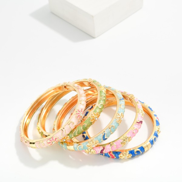 Marbled Floral Enamel Bangle Hinged Bracelet

- Approximately 2.5" D 
