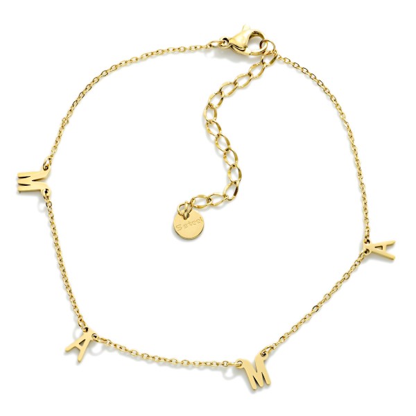Metal Tone Chain Link Anklet Featuring "MAMA" Charm 

- Approximately 3.05" D
- Stainless Steel
- Water & Tarnish Resistant 
- Hypoallergenic 