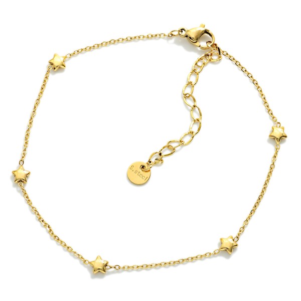 Metal Tone Chain Link Anklet Featuring Star Stations 

- Approximately 3.05" D
- Stainless Steel
- Water & Tarnish Resistant 
- Hypoallergenic 