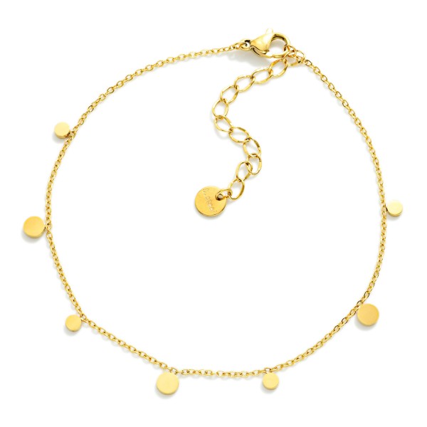 Chain Link Anklet Featuring Metal Tone Circle Charms 

- Stainless Steel
- Approximately 4" D
- Extender 1" L