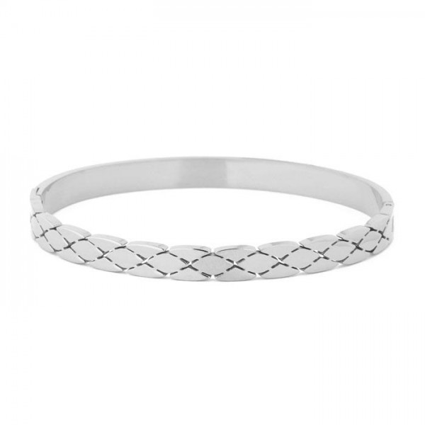 Metal Tone Bangle Bracelet With X Cut Out Detail 

- Stainless Steel
- Water Resistant
- Approximately 2.5" D
