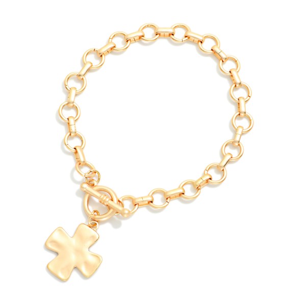 Chain Link Bracelet Featuring Hammered Metal Plus Cross & Toggle Clasp 

- Approximately 3" D