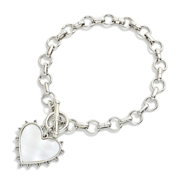 Chain Link Bracelet Featuring Pearlescent Heart & Toggle Clasp

- Approximately 3" D