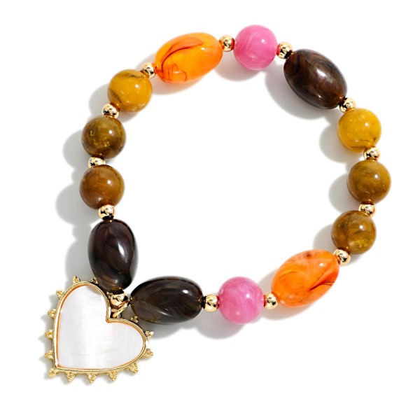 Marbled Acetate Bead Beaded Stretch Bracelet Featuring Pearlescent Heart Charm 

- Approximately 3" D