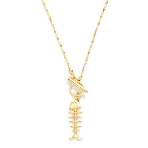 Ball & Chain Necklace Featuring Metal Tone Fish Bones & Toggle Clasp Pendant 

- Approximately 16" L