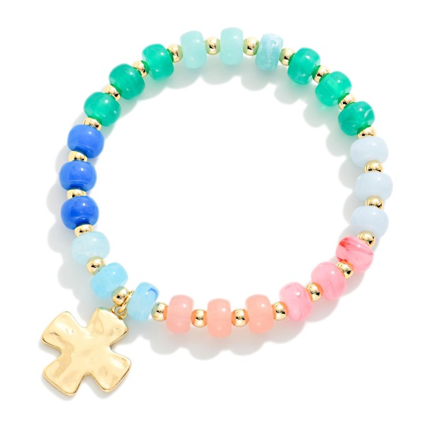 Marbled Acetate Bead Beaded Stretch Bracelet With Hammered Metal Plus Cross Charm

- Approximately 2.5" D