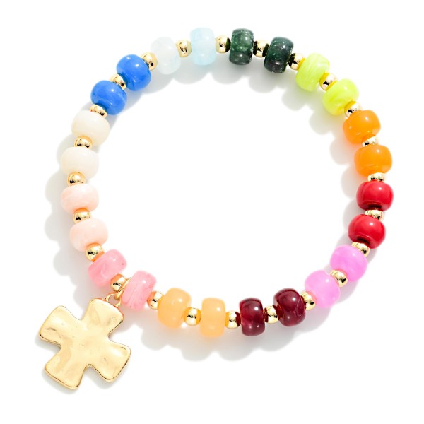 Marbled Acetate Bead Beaded Stretch Bracelet With Hammered Metal Plus Cross Charm

- Approximately 2.5" D