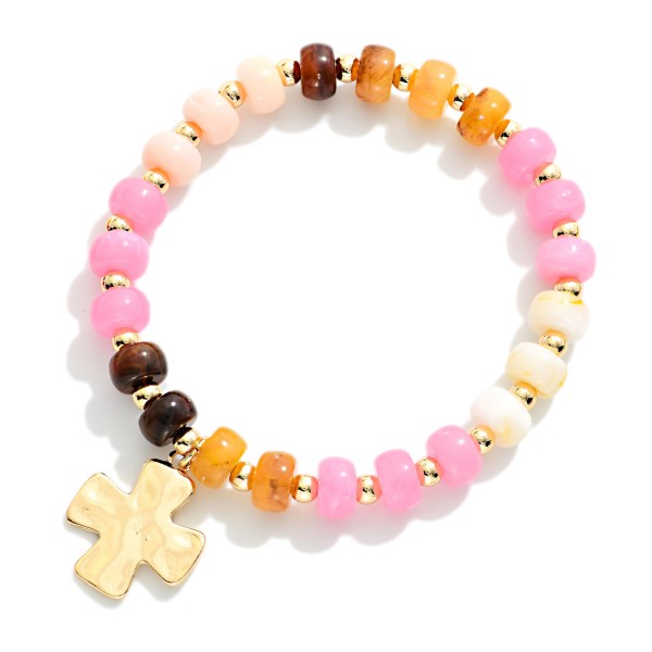 Marbled Acetate Bead Beaded Stretch Bracelet With Hammered Metal Plus Cross Charm

- Approximately 2.5" D