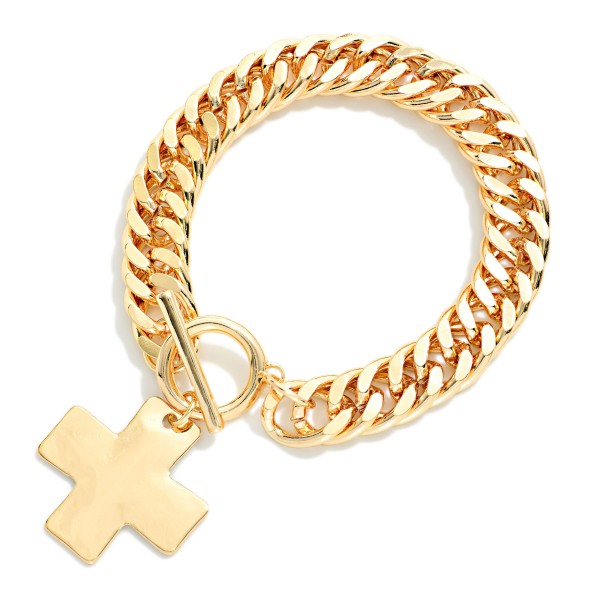Chunky Chain Link Bracelet Featuring Metal Tone Hammered Pluss Cross Charm & Toggle Clasp 

- Approximately 3" D