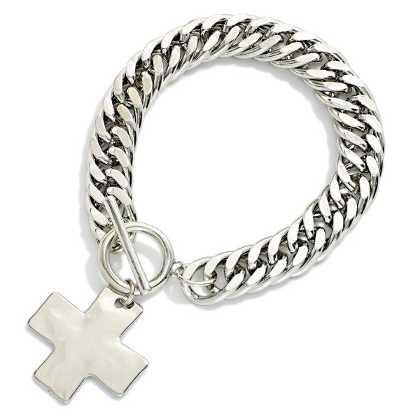Chunky Chain Link Bracelet Featuring Metal Tone Hammered Pluss Cross Charm & Toggle Clasp 

- Approximately 3" D
