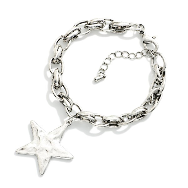 Double Link Chain Link Bracelet Featuring Hammered Metal Star Charm 

- Approximately 3" D
- Extender 2" L